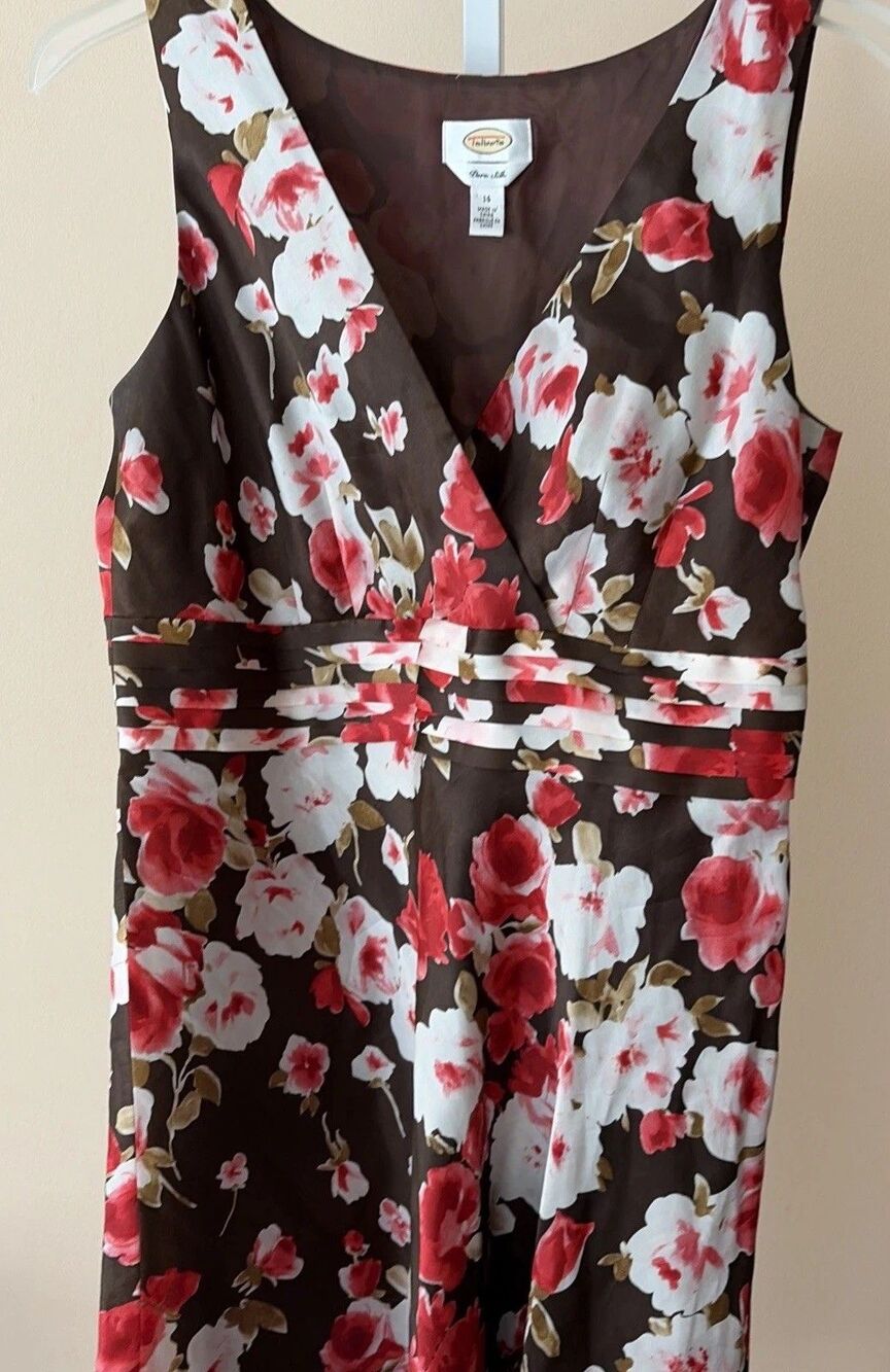 Vintage Talbots Pure Silk Dress Women Brown Red Floral Print Sleeveless Sz.14